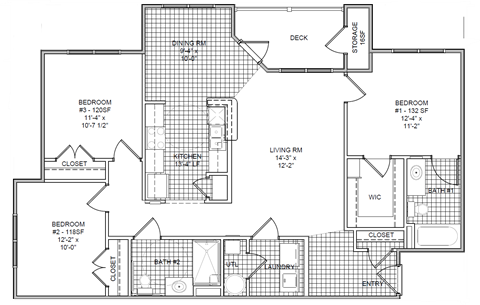 Floor plan for 3 beds, 2 baths, 1219 sqft